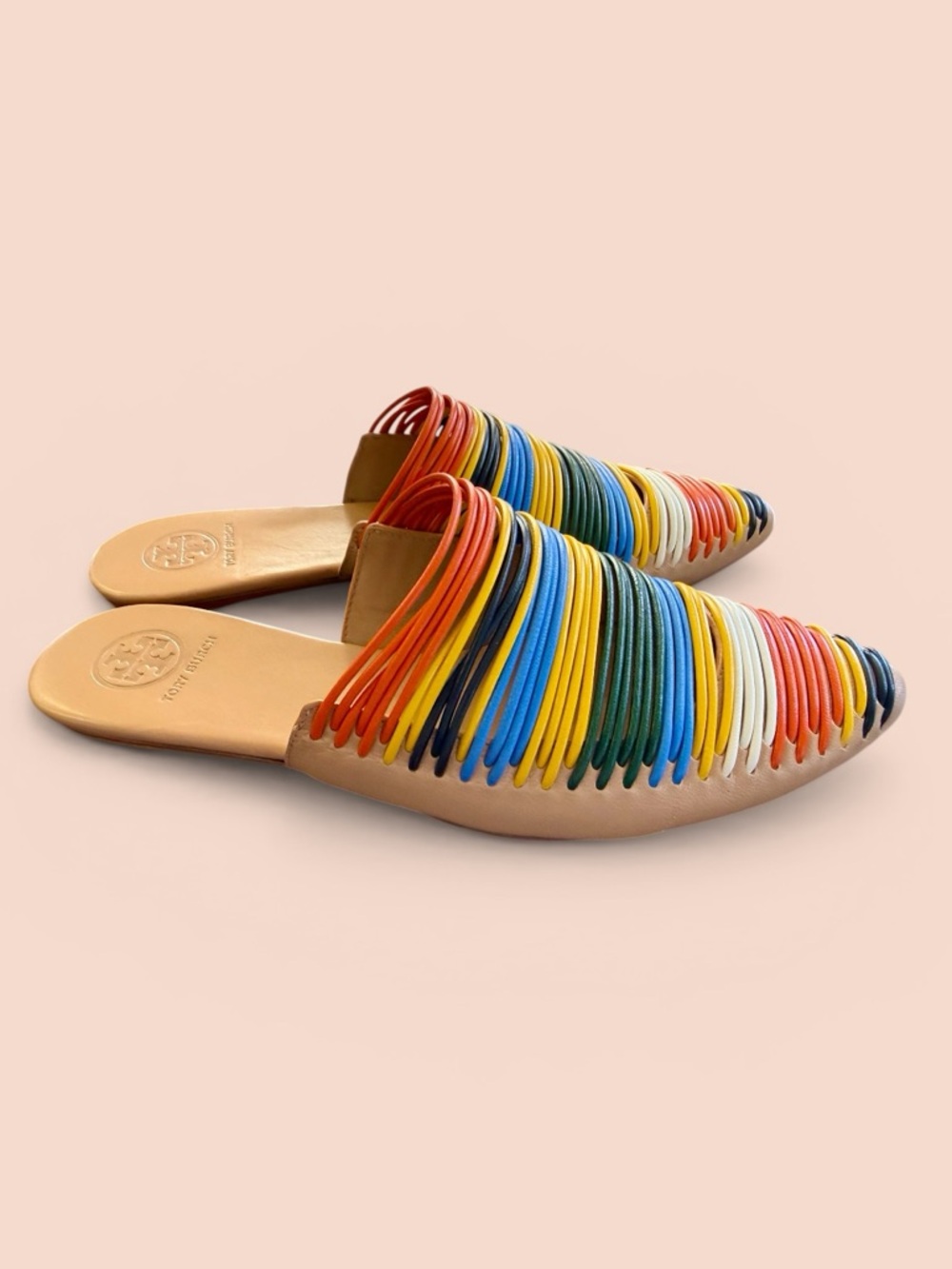 Tory Burch Multicolor Woven Strap Leather Slide Mules